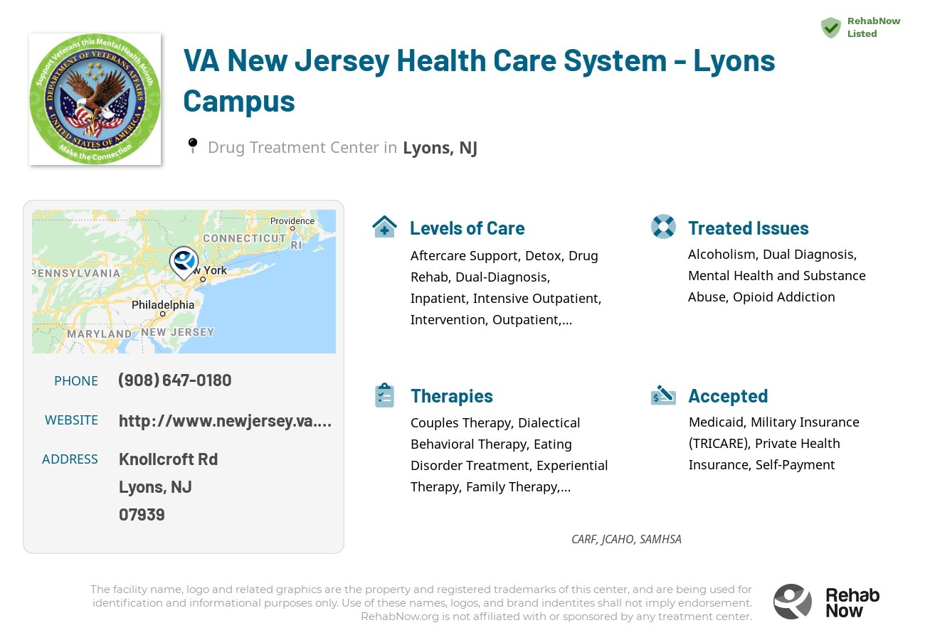 Helpful reference information for VA New Jersey Health Care System - Lyons Campus, a drug treatment center in New Jersey located at: Knollcroft Rd, Lyons, NJ 07939, including phone numbers, official website, and more. Listed briefly is an overview of Levels of Care, Therapies Offered, Issues Treated, and accepted forms of Payment Methods.