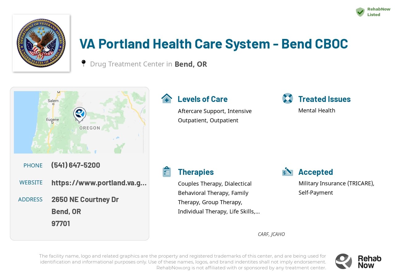 Helpful reference information for VA Portland Health Care System - Bend CBOC, a drug treatment center in Oregon located at: 2650 NE Courtney Dr, Bend, OR 97701, including phone numbers, official website, and more. Listed briefly is an overview of Levels of Care, Therapies Offered, Issues Treated, and accepted forms of Payment Methods.