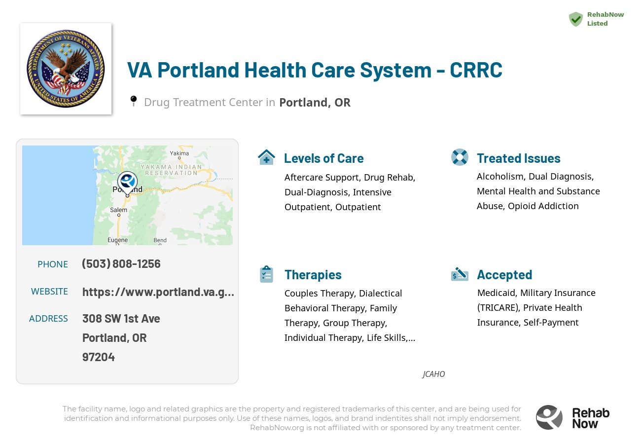 Helpful reference information for VA Portland Health Care System - CRRC, a drug treatment center in Oregon located at: 308 SW 1st Ave, Portland, OR 97204, including phone numbers, official website, and more. Listed briefly is an overview of Levels of Care, Therapies Offered, Issues Treated, and accepted forms of Payment Methods.