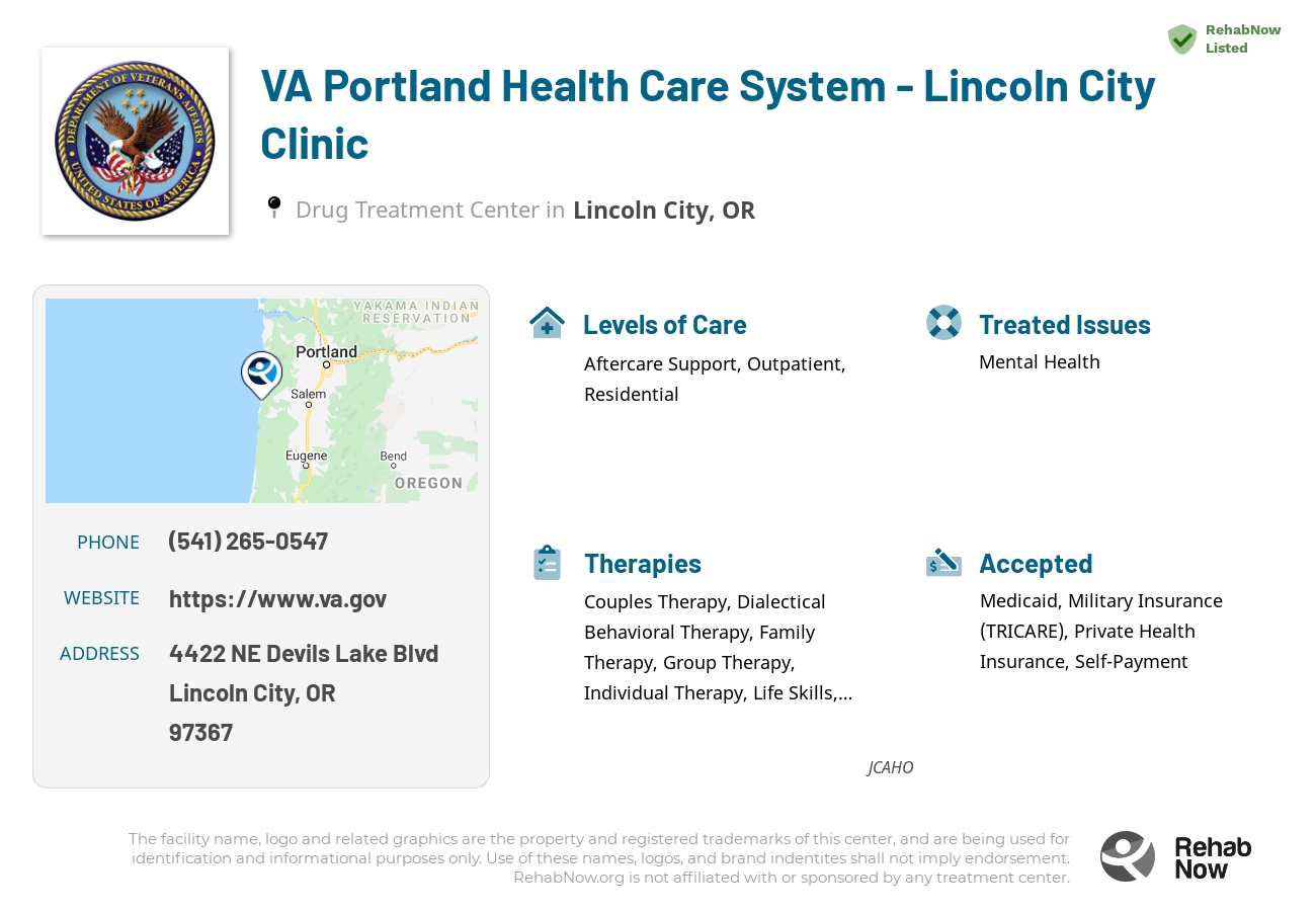 Helpful reference information for VA Portland Health Care System - Lincoln City Clinic, a drug treatment center in Oregon located at: 4422 NE Devils Lake Blvd, Lincoln City, OR 97367, including phone numbers, official website, and more. Listed briefly is an overview of Levels of Care, Therapies Offered, Issues Treated, and accepted forms of Payment Methods.