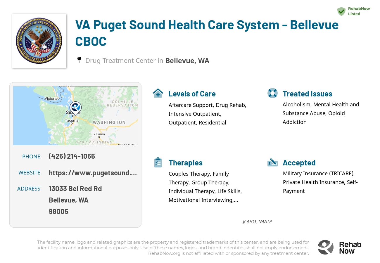 Helpful reference information for VA Puget Sound Health Care System - Bellevue CBOC, a drug treatment center in Washington located at: 13033 Bel Red Rd, Bellevue, WA 98005, including phone numbers, official website, and more. Listed briefly is an overview of Levels of Care, Therapies Offered, Issues Treated, and accepted forms of Payment Methods.