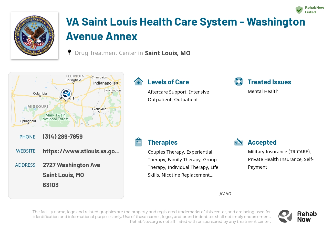 Helpful reference information for VA Saint Louis Health Care System - Washington Avenue Annex, a drug treatment center in Missouri located at: 2727 Washington Ave, Saint Louis, MO 63103, including phone numbers, official website, and more. Listed briefly is an overview of Levels of Care, Therapies Offered, Issues Treated, and accepted forms of Payment Methods.