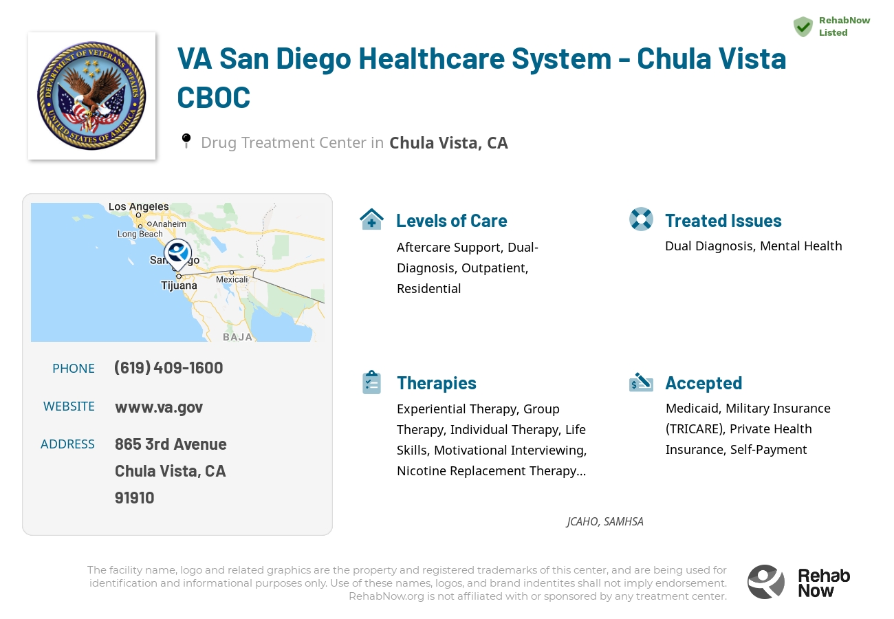 Helpful reference information for VA San Diego Healthcare System - Chula Vista CBOC, a drug treatment center in California located at: 865 3rd Avenue, Chula Vista, CA, 91910, including phone numbers, official website, and more. Listed briefly is an overview of Levels of Care, Therapies Offered, Issues Treated, and accepted forms of Payment Methods.