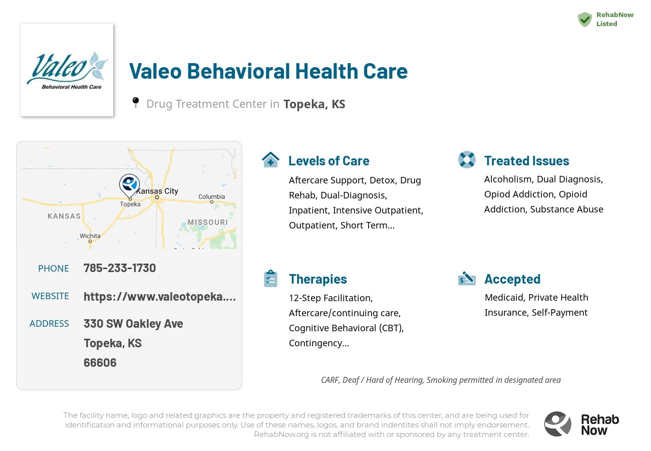 Helpful reference information for Valeo Behavioral Health Care, a drug treatment center in Kansas located at: 330 SW Oakley Ave, Topeka, KS 66606, including phone numbers, official website, and more. Listed briefly is an overview of Levels of Care, Therapies Offered, Issues Treated, and accepted forms of Payment Methods.