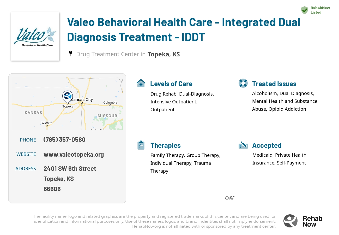 Helpful reference information for Valeo Behavioral Health Care - Integrated Dual Diagnosis Treatment - IDDT, a drug treatment center in Kansas located at: 2401 SW 6th Street, Topeka, KS, 66606, including phone numbers, official website, and more. Listed briefly is an overview of Levels of Care, Therapies Offered, Issues Treated, and accepted forms of Payment Methods.