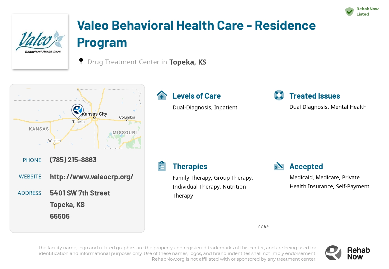 Helpful reference information for Valeo Behavioral Health Care - Residence Program, a drug treatment center in Kansas located at: 5401 SW 7th Street, Topeka, KS, 66606, including phone numbers, official website, and more. Listed briefly is an overview of Levels of Care, Therapies Offered, Issues Treated, and accepted forms of Payment Methods.