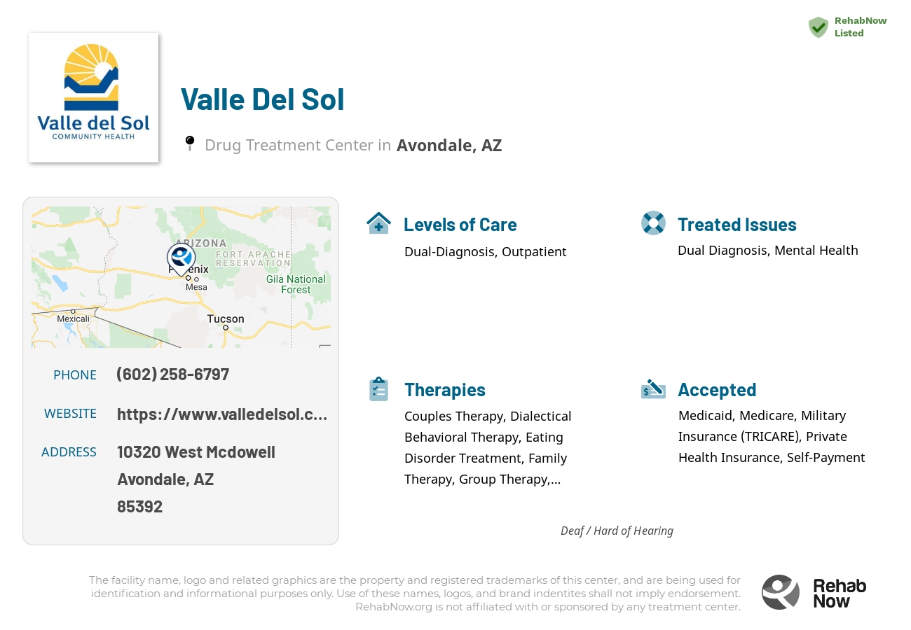 Helpful reference information for Valle Del Sol, a drug treatment center in Arizona located at: 10320 10320 West Mcdowell, Avondale, AZ 85392, including phone numbers, official website, and more. Listed briefly is an overview of Levels of Care, Therapies Offered, Issues Treated, and accepted forms of Payment Methods.