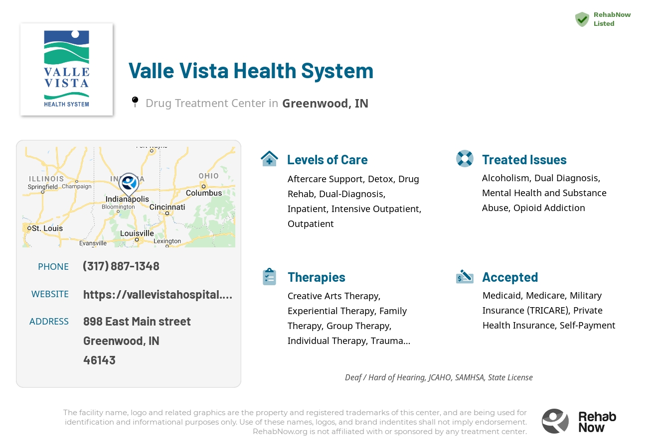 Helpful reference information for Valle Vista Health System, a drug treatment center in Indiana located at: 898 East Main street, Greenwood, IN, 46143, including phone numbers, official website, and more. Listed briefly is an overview of Levels of Care, Therapies Offered, Issues Treated, and accepted forms of Payment Methods.
