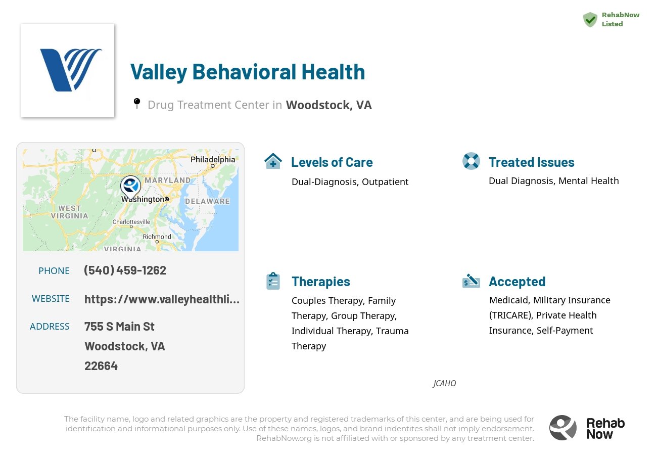 Helpful reference information for Valley Behavioral Health, a drug treatment center in Virginia located at: 755 S Main St, Woodstock, VA 22664, including phone numbers, official website, and more. Listed briefly is an overview of Levels of Care, Therapies Offered, Issues Treated, and accepted forms of Payment Methods.