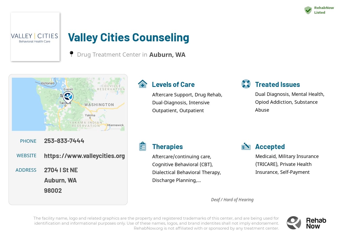 Helpful reference information for Valley Cities Counseling, a drug treatment center in Washington located at: 2704 I St NE, Auburn, WA 98002, including phone numbers, official website, and more. Listed briefly is an overview of Levels of Care, Therapies Offered, Issues Treated, and accepted forms of Payment Methods.