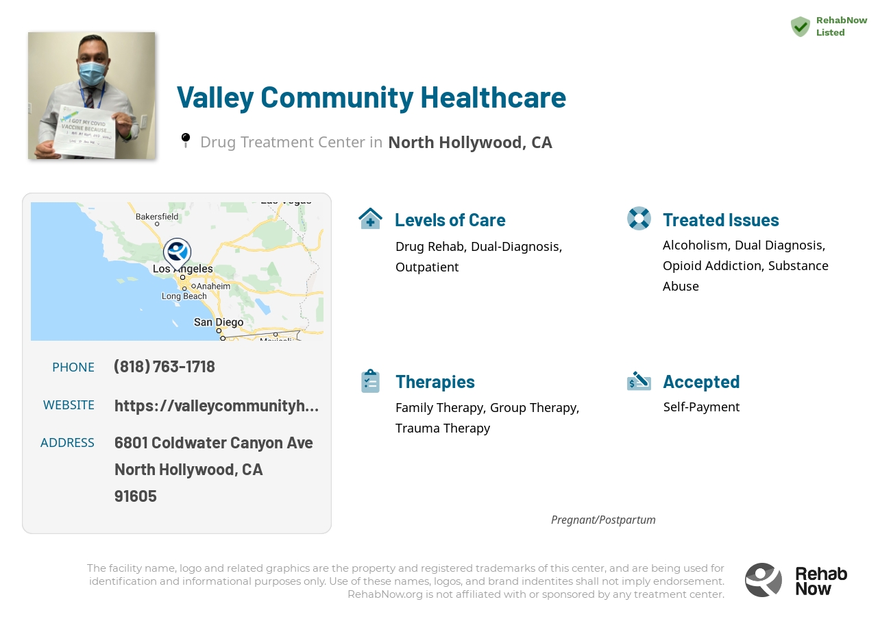 Helpful reference information for Valley Community Healthcare, a drug treatment center in California located at: 6801 Coldwater Canyon Ave, North Hollywood, CA 91605, including phone numbers, official website, and more. Listed briefly is an overview of Levels of Care, Therapies Offered, Issues Treated, and accepted forms of Payment Methods.