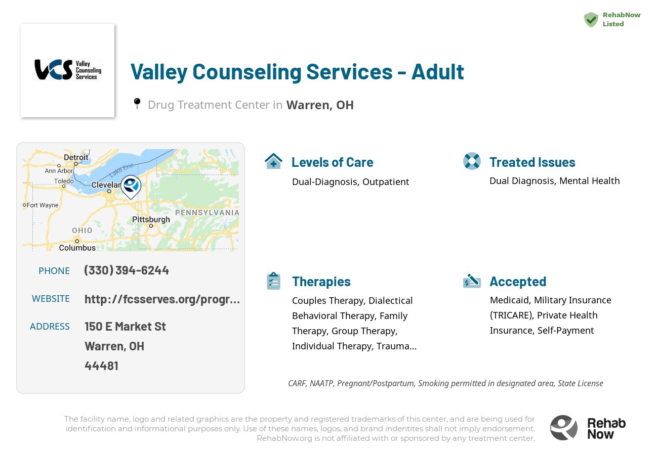 Helpful reference information for Valley Counseling Services - Adult, a drug treatment center in Ohio located at: 150 E Market St, Warren, OH 44481, including phone numbers, official website, and more. Listed briefly is an overview of Levels of Care, Therapies Offered, Issues Treated, and accepted forms of Payment Methods.