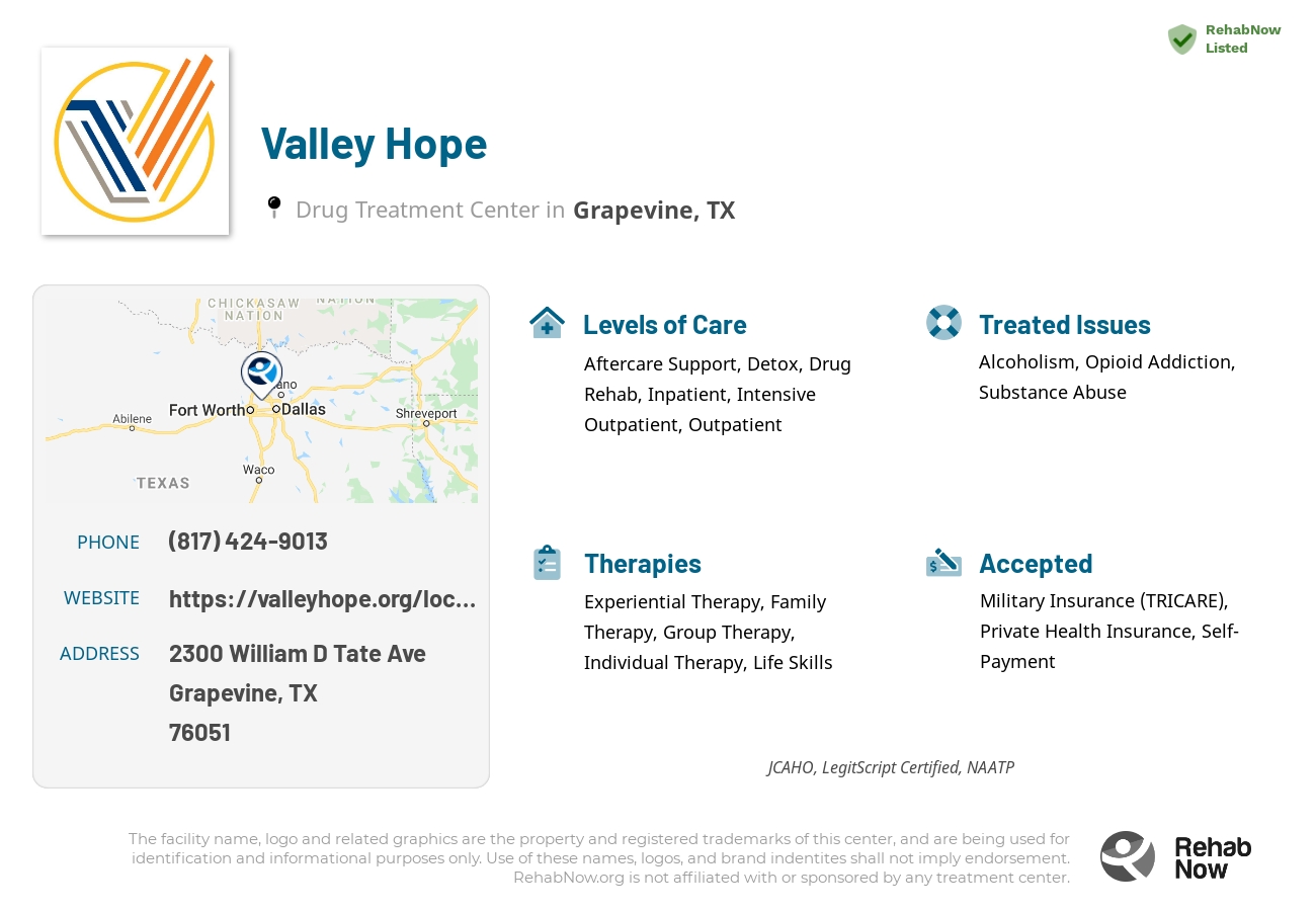 Helpful reference information for Valley Hope, a drug treatment center in Texas located at: 2300 William D Tate Ave, Grapevine, TX 76051, including phone numbers, official website, and more. Listed briefly is an overview of Levels of Care, Therapies Offered, Issues Treated, and accepted forms of Payment Methods.