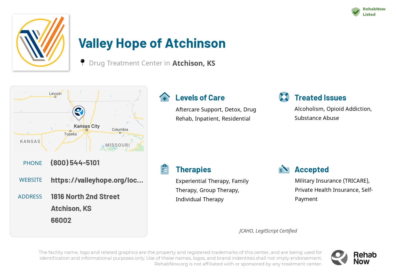 Helpful reference information for Valley Hope of Atchinson, a drug treatment center in Kansas located at: 1816 North 2nd Street, Atchison, KS, 66002, including phone numbers, official website, and more. Listed briefly is an overview of Levels of Care, Therapies Offered, Issues Treated, and accepted forms of Payment Methods.