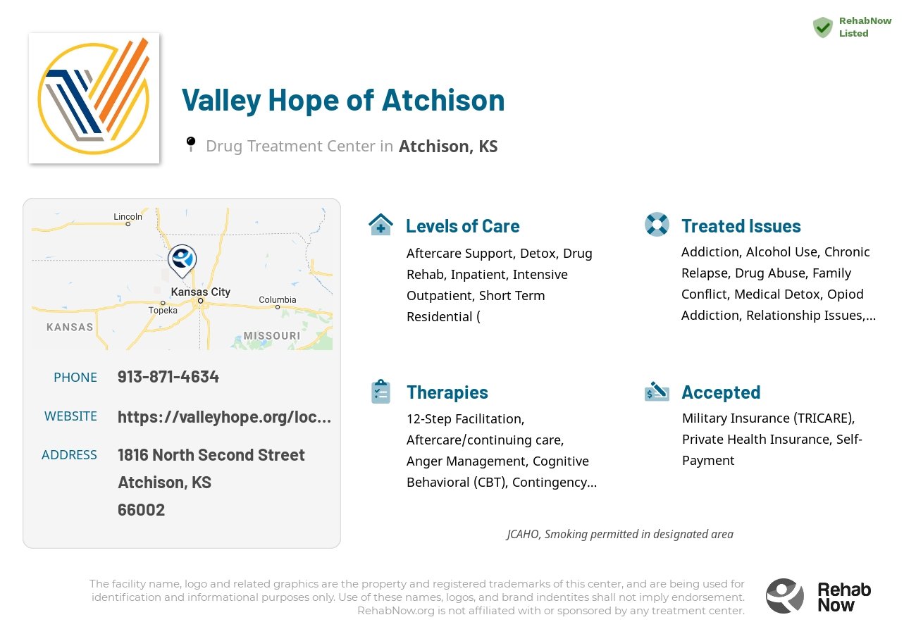 Helpful reference information for Valley Hope of Atchison, a drug treatment center in Kansas located at: 1816 North Second Street, Atchison, KS 66002, including phone numbers, official website, and more. Listed briefly is an overview of Levels of Care, Therapies Offered, Issues Treated, and accepted forms of Payment Methods.