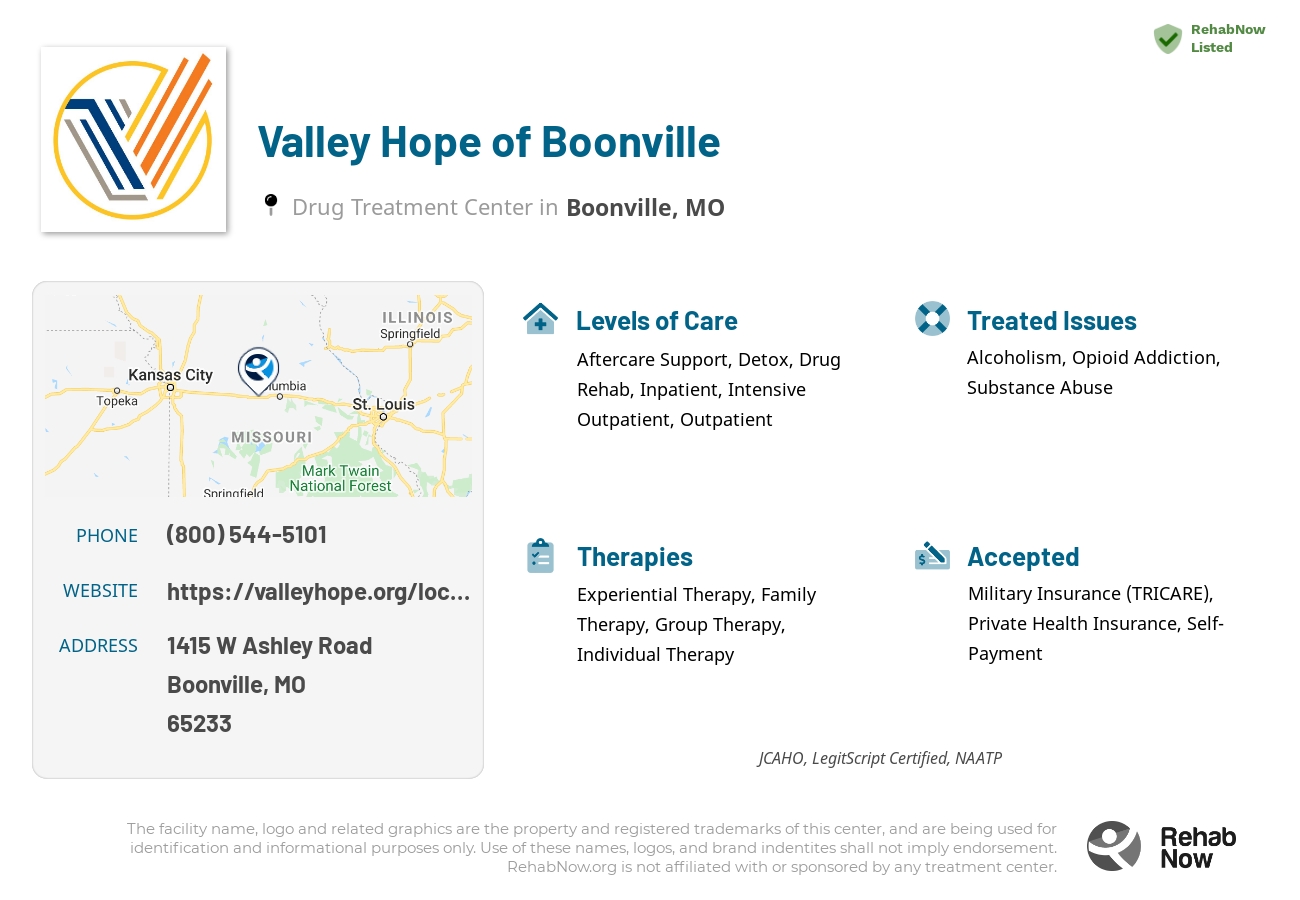 Helpful reference information for Valley Hope of Boonville, a drug treatment center in Missouri located at: 1415 W Ashley Road, Boonville, MO, 65233, including phone numbers, official website, and more. Listed briefly is an overview of Levels of Care, Therapies Offered, Issues Treated, and accepted forms of Payment Methods.