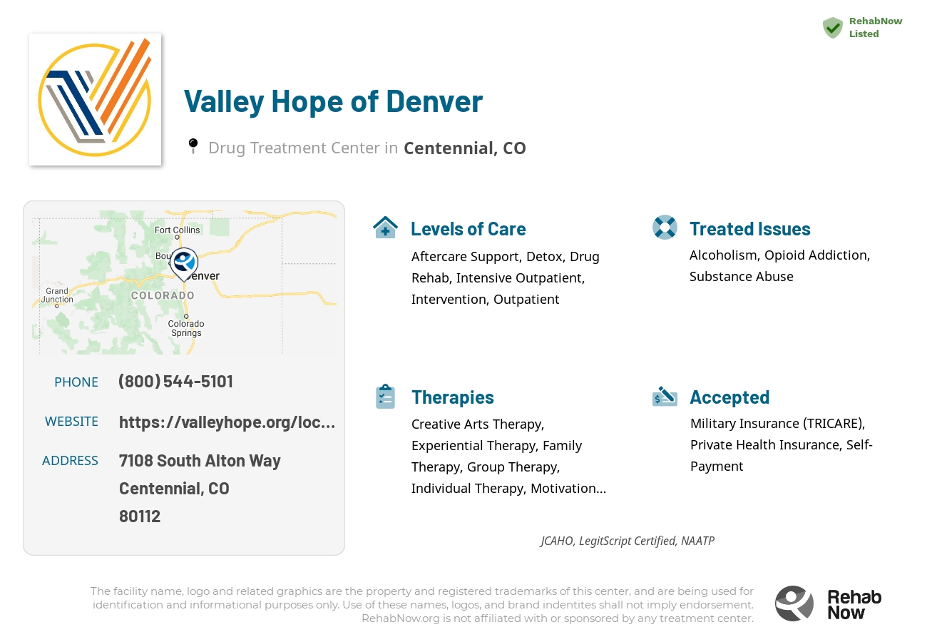 Helpful reference information for Valley Hope of Denver, a drug treatment center in Colorado located at: 7108 South Alton Way, Centennial, CO, 80112, including phone numbers, official website, and more. Listed briefly is an overview of Levels of Care, Therapies Offered, Issues Treated, and accepted forms of Payment Methods.