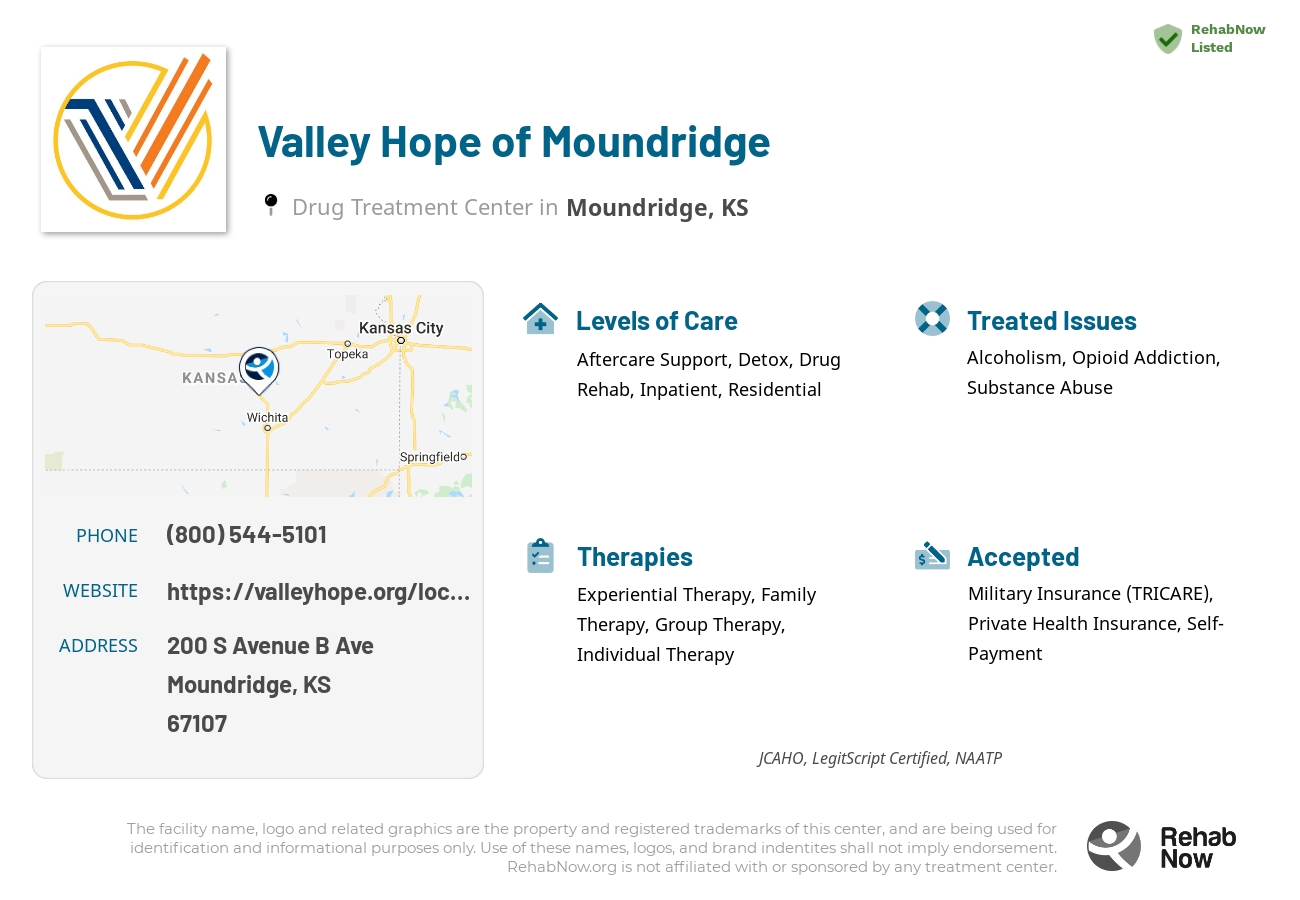 Helpful reference information for Valley Hope of Moundridge, a drug treatment center in Kansas located at: 200 S Avenue B Ave, Moundridge, KS, 67107, including phone numbers, official website, and more. Listed briefly is an overview of Levels of Care, Therapies Offered, Issues Treated, and accepted forms of Payment Methods.