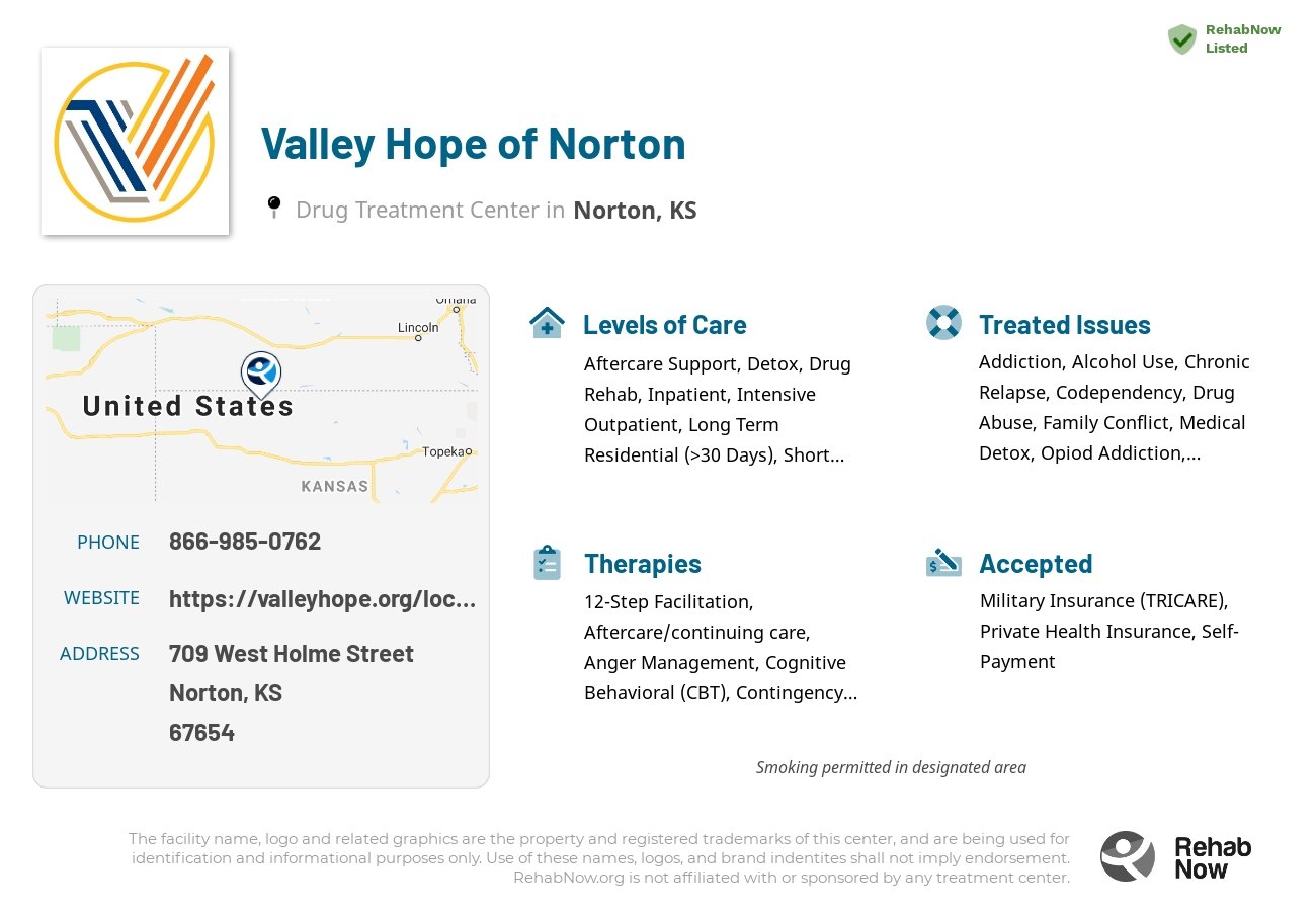 Helpful reference information for Valley Hope of Norton, a drug treatment center in Kansas located at: 709 West Holme Street, Norton, KS 67654, including phone numbers, official website, and more. Listed briefly is an overview of Levels of Care, Therapies Offered, Issues Treated, and accepted forms of Payment Methods.
