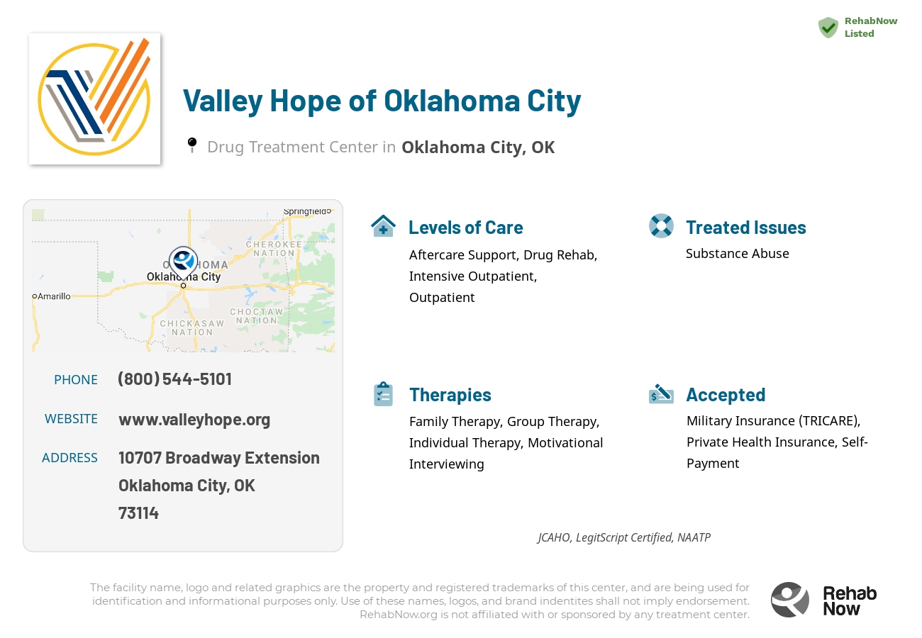 Helpful reference information for Valley Hope of Oklahoma City, a drug treatment center in Oklahoma located at: 10707 Broadway Extension, Oklahoma City, OK, 73114, including phone numbers, official website, and more. Listed briefly is an overview of Levels of Care, Therapies Offered, Issues Treated, and accepted forms of Payment Methods.
