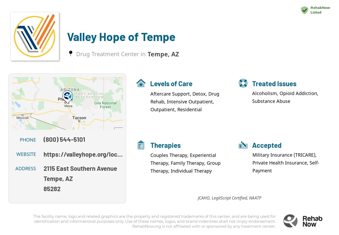 Helpful reference information for Valley Hope of Tempe, a drug treatment center in Arizona located at: 2115 East Southern Avenue, Tempe, AZ, 85282, including phone numbers, official website, and more. Listed briefly is an overview of Levels of Care, Therapies Offered, Issues Treated, and accepted forms of Payment Methods.