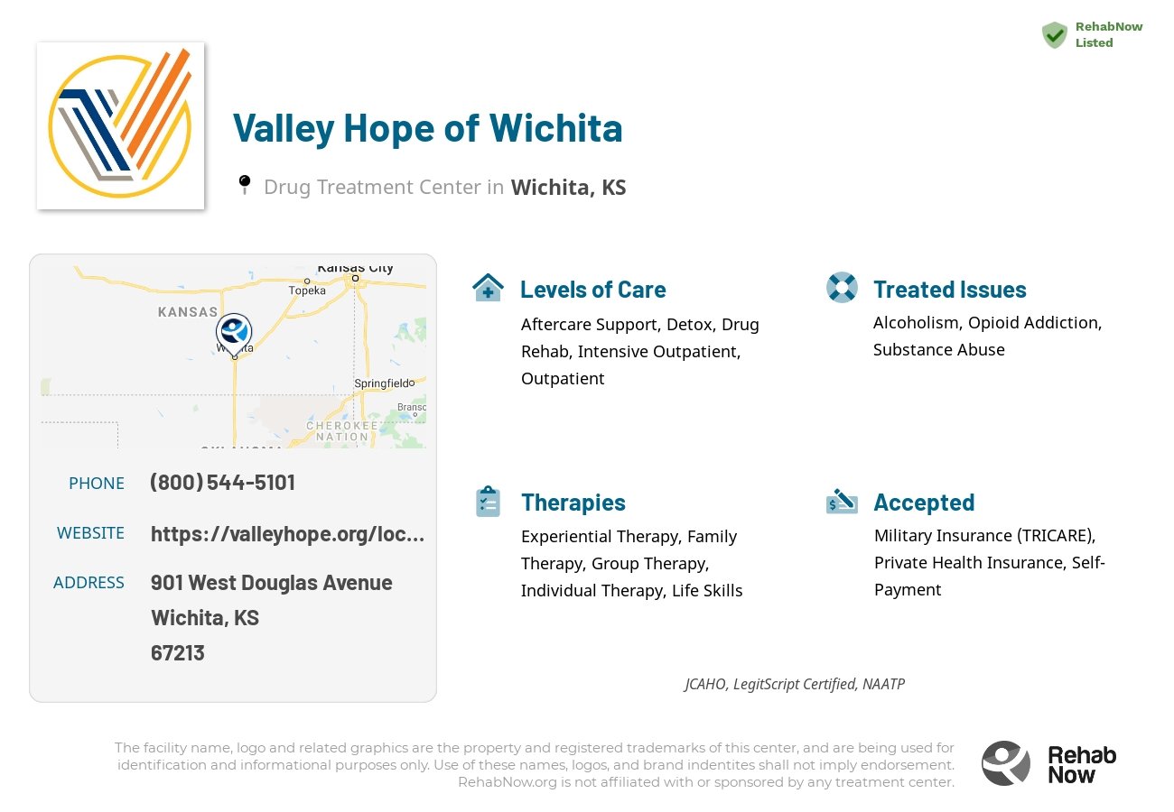 Helpful reference information for Valley Hope of Wichita, a drug treatment center in Kansas located at: 901 West Douglas Avenue, Wichita, KS, 67213, including phone numbers, official website, and more. Listed briefly is an overview of Levels of Care, Therapies Offered, Issues Treated, and accepted forms of Payment Methods.