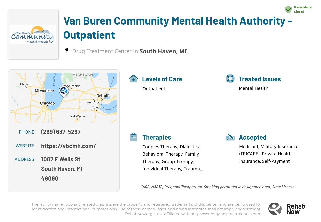 Helpful reference information for Van Buren Community Mental Health Authority - Outpatient, a drug treatment center in Michigan located at: 1007 E Wells St, South Haven, MI 49090, including phone numbers, official website, and more. Listed briefly is an overview of Levels of Care, Therapies Offered, Issues Treated, and accepted forms of Payment Methods.