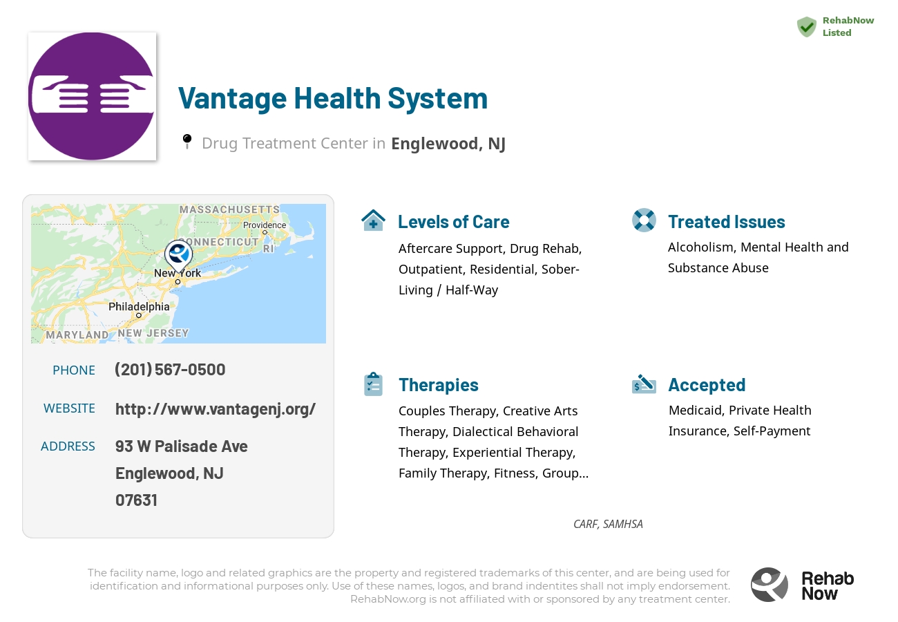 Helpful reference information for Vantage Health System, a drug treatment center in New Jersey located at: 93 W Palisade Ave, Englewood, NJ 07631, including phone numbers, official website, and more. Listed briefly is an overview of Levels of Care, Therapies Offered, Issues Treated, and accepted forms of Payment Methods.