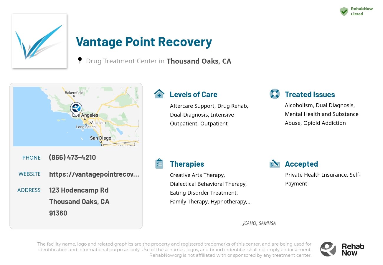 Helpful reference information for Vantage Point Recovery, a drug treatment center in California located at: 123 Hodencamp Rd, Thousand Oaks, CA 91360, including phone numbers, official website, and more. Listed briefly is an overview of Levels of Care, Therapies Offered, Issues Treated, and accepted forms of Payment Methods.