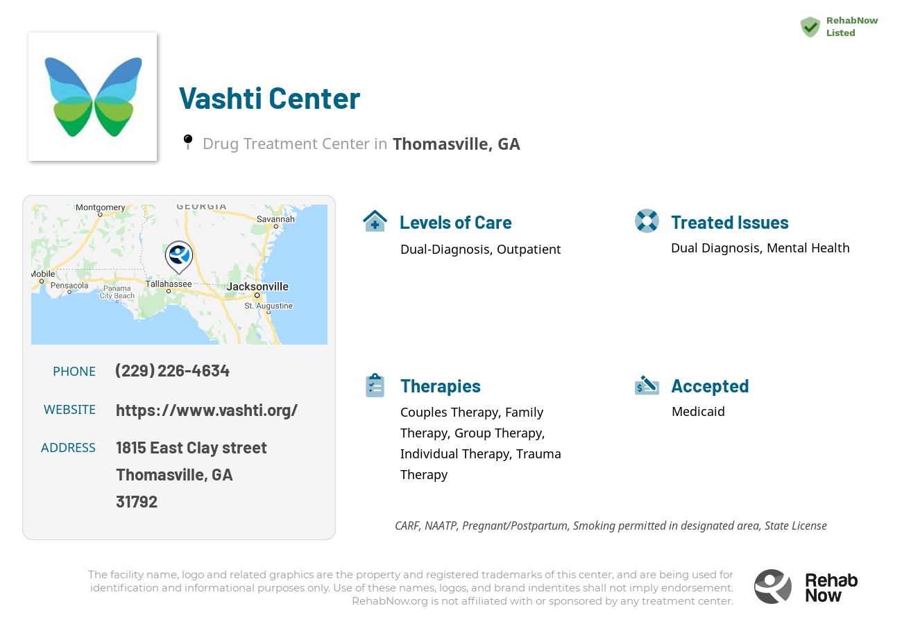 Helpful reference information for Vashti Center, a drug treatment center in Georgia located at: 1815 1815 East Clay street, Thomasville, GA 31792, including phone numbers, official website, and more. Listed briefly is an overview of Levels of Care, Therapies Offered, Issues Treated, and accepted forms of Payment Methods.