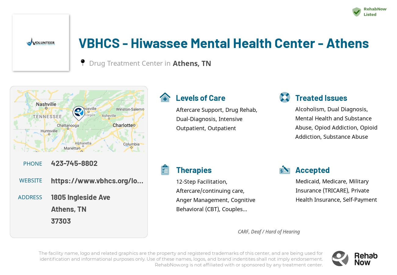 Helpful reference information for VBHCS - Hiwassee Mental Health Center - Athens, a drug treatment center in Tennessee located at: 1805 Ingleside Ave, Athens, TN 37303, including phone numbers, official website, and more. Listed briefly is an overview of Levels of Care, Therapies Offered, Issues Treated, and accepted forms of Payment Methods.