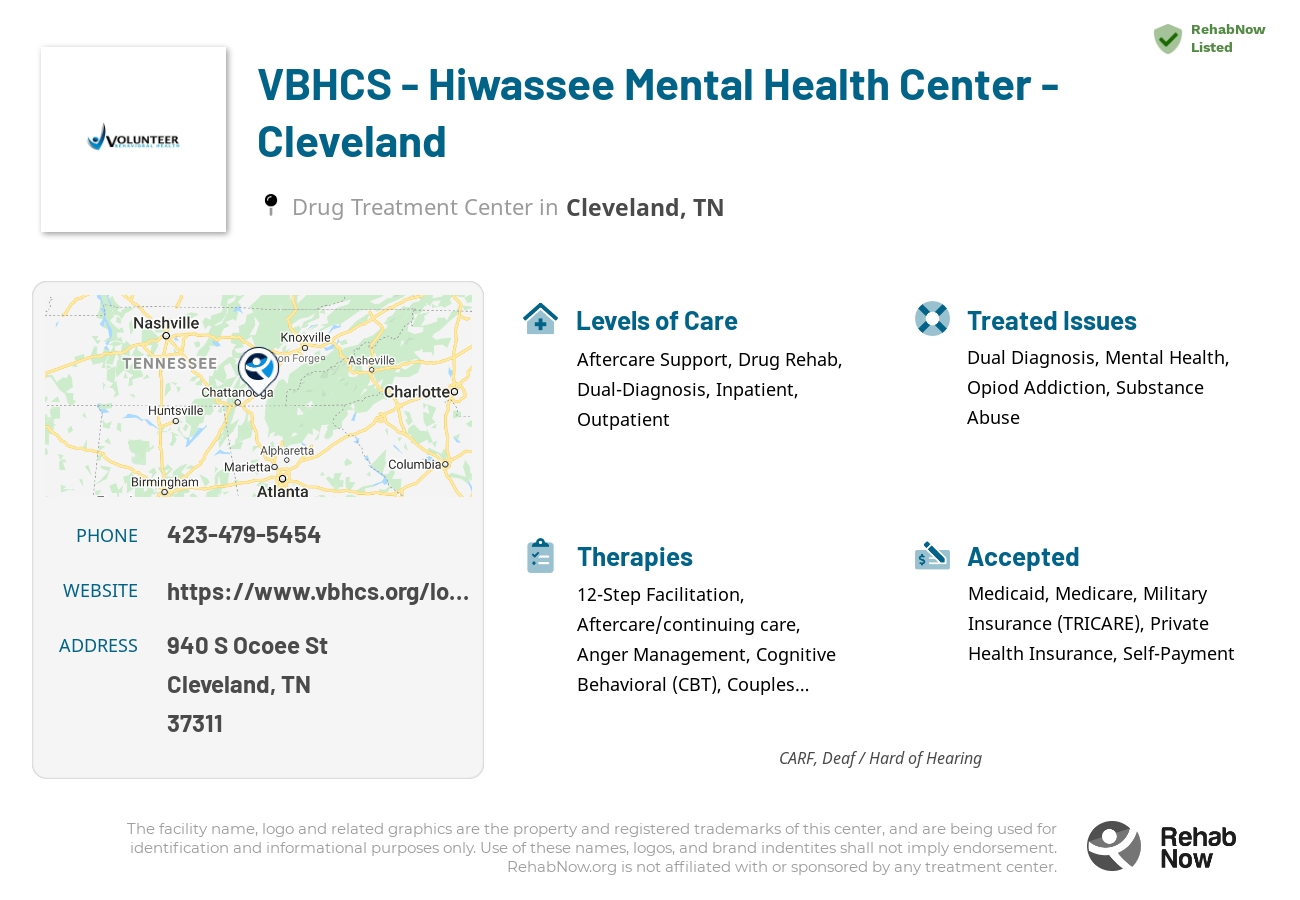 Helpful reference information for VBHCS - Hiwassee Mental Health Center - Cleveland, a drug treatment center in Tennessee located at: 940 S Ocoee St, Cleveland, TN 37311, including phone numbers, official website, and more. Listed briefly is an overview of Levels of Care, Therapies Offered, Issues Treated, and accepted forms of Payment Methods.
