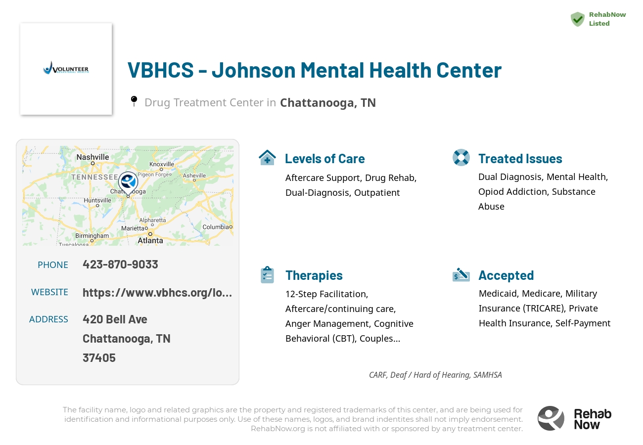 Helpful reference information for VBHCS - Johnson Mental Health Center, a drug treatment center in Tennessee located at: 420 Bell Ave, Chattanooga, TN 37405, including phone numbers, official website, and more. Listed briefly is an overview of Levels of Care, Therapies Offered, Issues Treated, and accepted forms of Payment Methods.