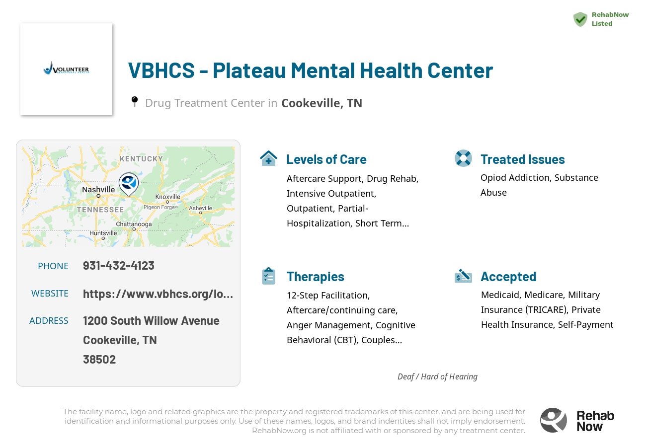 Helpful reference information for VBHCS - Plateau Mental Health Center, a drug treatment center in Tennessee located at: 1200 South Willow Avenue, Cookeville, TN 38502, including phone numbers, official website, and more. Listed briefly is an overview of Levels of Care, Therapies Offered, Issues Treated, and accepted forms of Payment Methods.