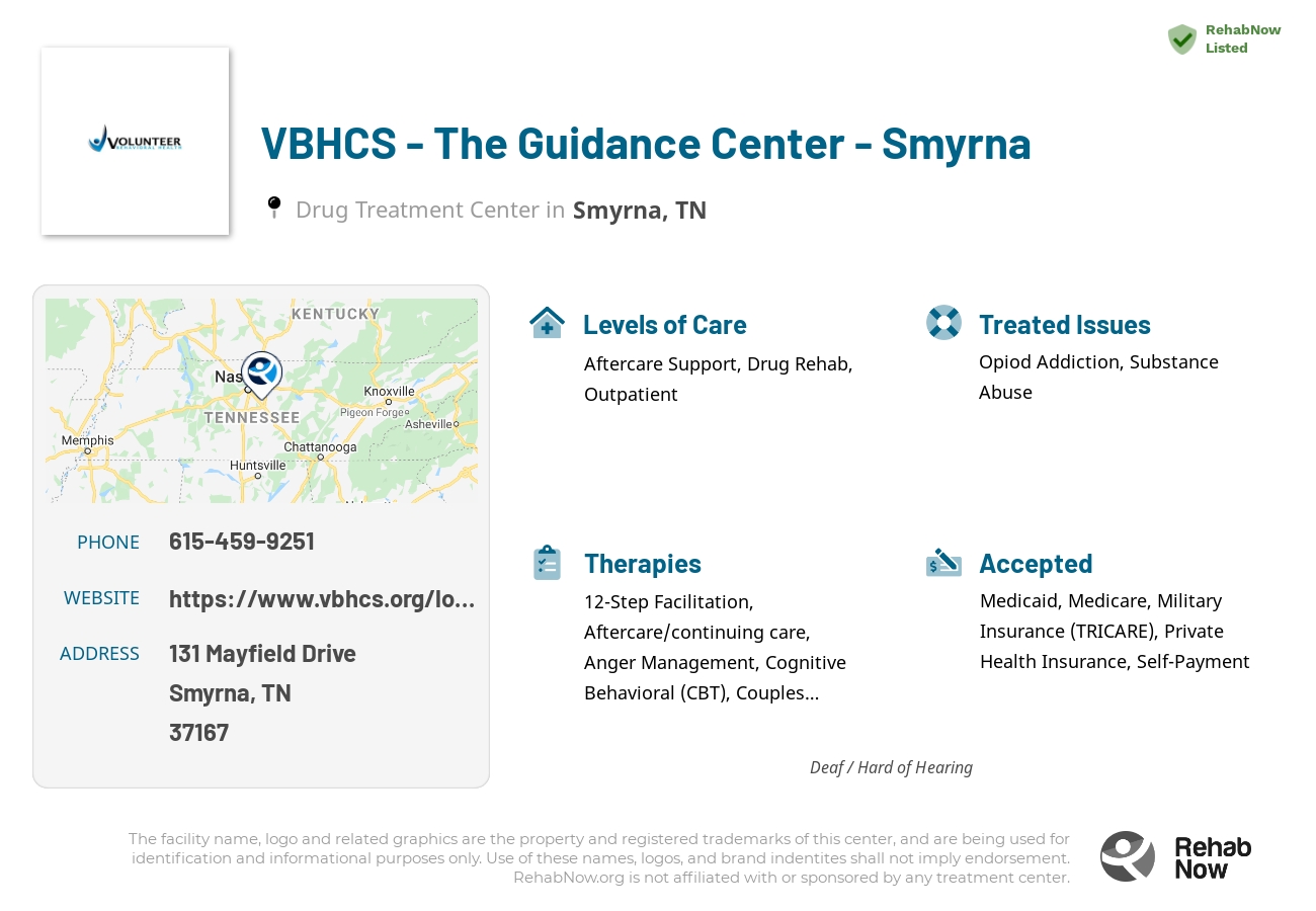 Helpful reference information for VBHCS - The Guidance Center - Smyrna, a drug treatment center in Tennessee located at: 131 Mayfield Drive, Smyrna, TN 37167, including phone numbers, official website, and more. Listed briefly is an overview of Levels of Care, Therapies Offered, Issues Treated, and accepted forms of Payment Methods.