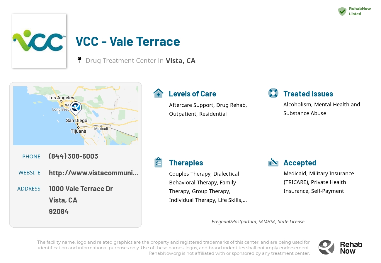 Helpful reference information for VCC - Vale Terrace, a drug treatment center in California located at: 1000 Vale Terrace Dr, Vista, CA 92084, including phone numbers, official website, and more. Listed briefly is an overview of Levels of Care, Therapies Offered, Issues Treated, and accepted forms of Payment Methods.
