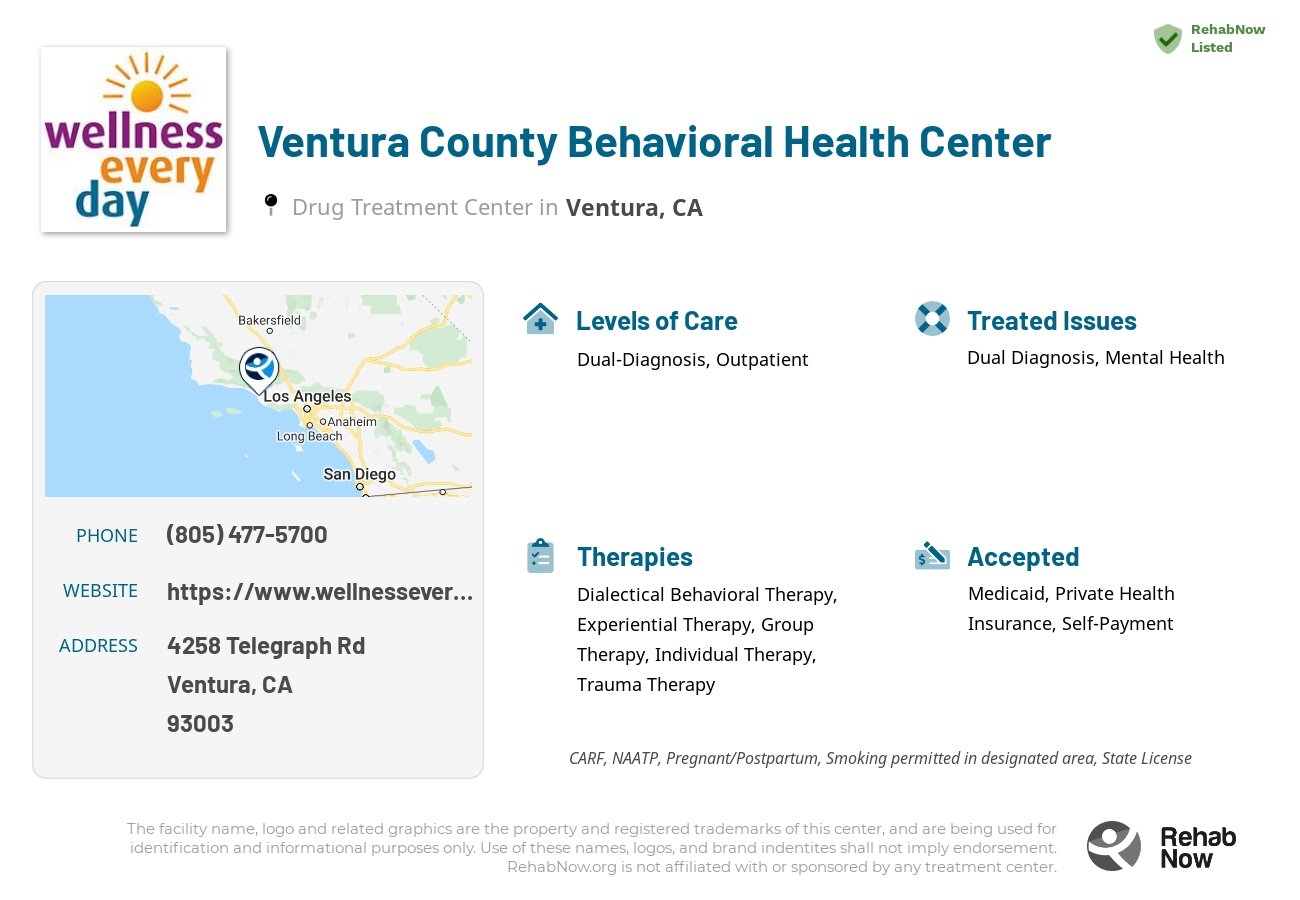 Helpful reference information for Ventura County Behavioral Health Center, a drug treatment center in California located at: 4258 Telegraph Rd, Ventura, CA 93003, including phone numbers, official website, and more. Listed briefly is an overview of Levels of Care, Therapies Offered, Issues Treated, and accepted forms of Payment Methods.