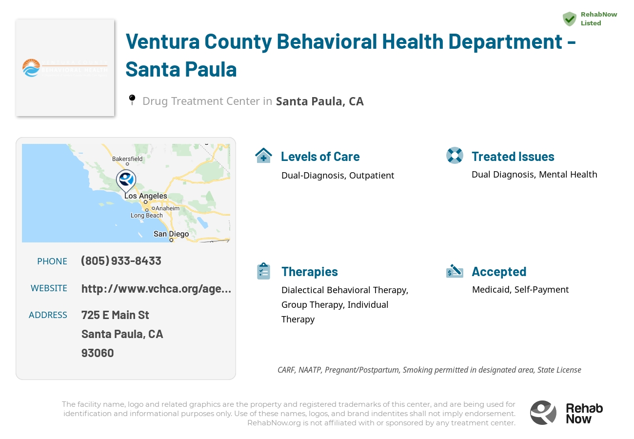 Helpful reference information for Ventura County Behavioral Health Department - Santa Paula, a drug treatment center in California located at: 725 E Main St, Santa Paula, CA 93060, including phone numbers, official website, and more. Listed briefly is an overview of Levels of Care, Therapies Offered, Issues Treated, and accepted forms of Payment Methods.