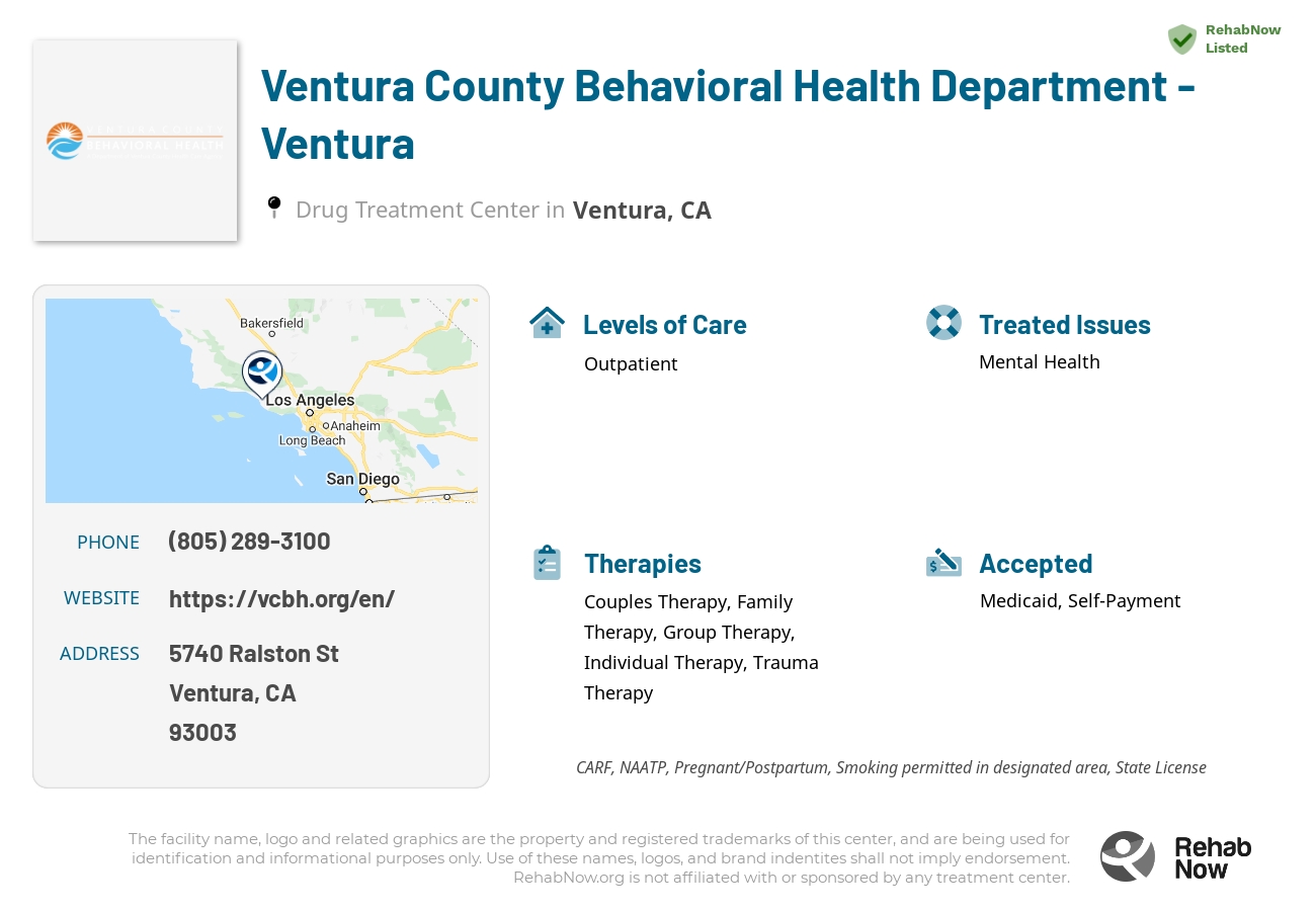 Helpful reference information for Ventura County Behavioral Health Department - Ventura, a drug treatment center in California located at: 5740 Ralston St, Ventura, CA 93003, including phone numbers, official website, and more. Listed briefly is an overview of Levels of Care, Therapies Offered, Issues Treated, and accepted forms of Payment Methods.