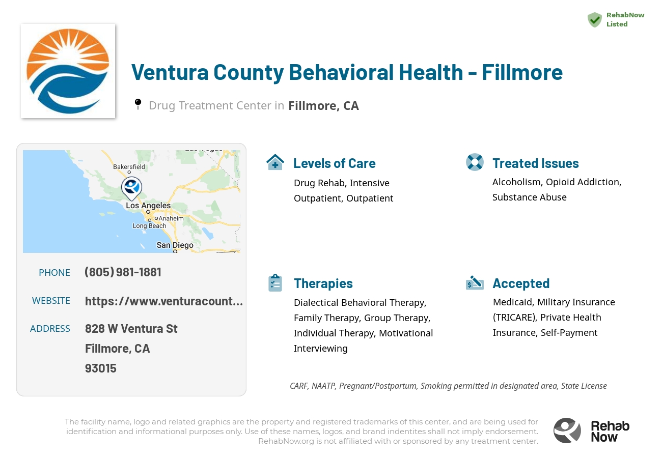 Helpful reference information for Ventura County Behavioral Health - Fillmore, a drug treatment center in California located at: 828 W Ventura St, Fillmore, CA 93015, including phone numbers, official website, and more. Listed briefly is an overview of Levels of Care, Therapies Offered, Issues Treated, and accepted forms of Payment Methods.
