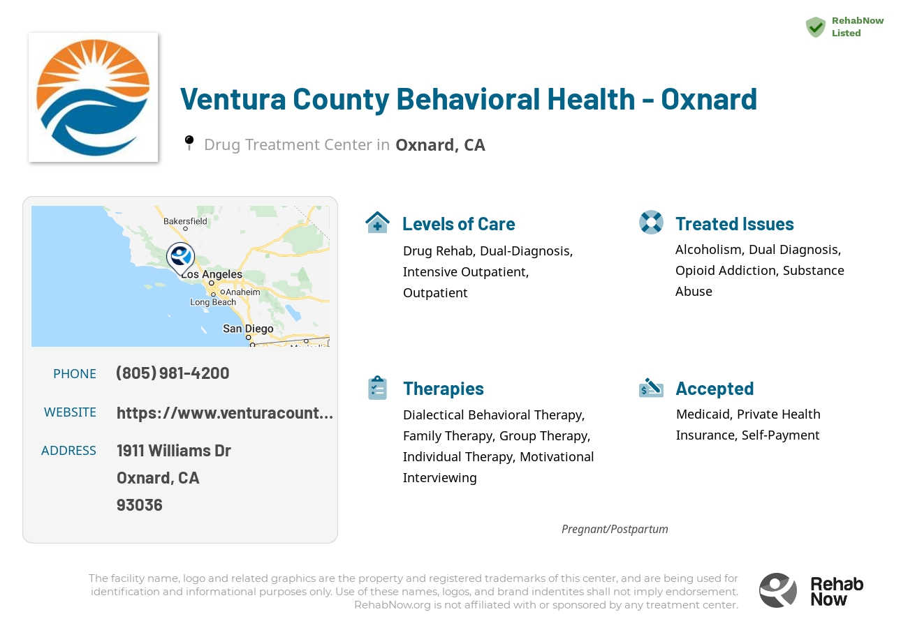 Helpful reference information for Ventura County Behavioral Health - Oxnard, a drug treatment center in California located at: 1911 Williams Dr, Oxnard, CA 93036, including phone numbers, official website, and more. Listed briefly is an overview of Levels of Care, Therapies Offered, Issues Treated, and accepted forms of Payment Methods.