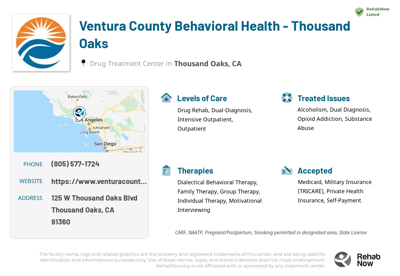 Helpful reference information for Ventura County Behavioral Health - Thousand Oaks, a drug treatment center in California located at: 125 W Thousand Oaks Blvd, Thousand Oaks, CA 91360, including phone numbers, official website, and more. Listed briefly is an overview of Levels of Care, Therapies Offered, Issues Treated, and accepted forms of Payment Methods.