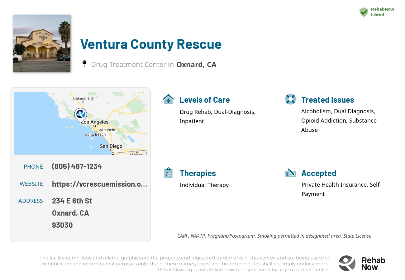 Helpful reference information for Ventura County Rescue, a drug treatment center in California located at: 234 E 6th St, Oxnard, CA 93030, including phone numbers, official website, and more. Listed briefly is an overview of Levels of Care, Therapies Offered, Issues Treated, and accepted forms of Payment Methods.