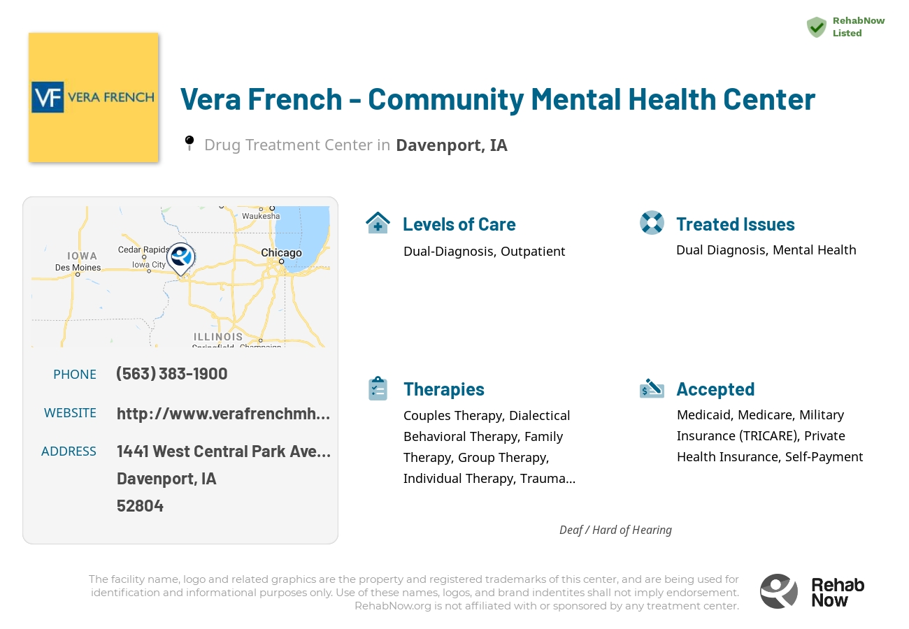 Helpful reference information for Vera French - Community Mental Health Center, a drug treatment center in Iowa located at: 1441 West Central Park Avenue, Davenport, IA, 52804, including phone numbers, official website, and more. Listed briefly is an overview of Levels of Care, Therapies Offered, Issues Treated, and accepted forms of Payment Methods.