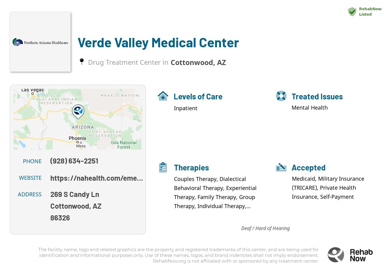 Helpful reference information for Verde Valley Medical Center, a drug treatment center in Arizona located at: 269 S Candy Ln, Cottonwood, AZ 86326, including phone numbers, official website, and more. Listed briefly is an overview of Levels of Care, Therapies Offered, Issues Treated, and accepted forms of Payment Methods.