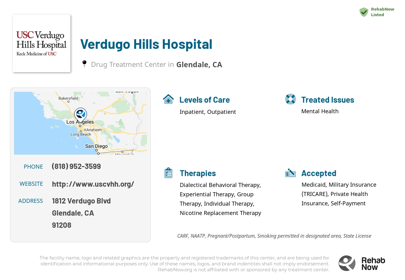 Helpful reference information for Verdugo Hills Hospital, a drug treatment center in California located at: 1812 Verdugo Blvd, Glendale, CA 91208, including phone numbers, official website, and more. Listed briefly is an overview of Levels of Care, Therapies Offered, Issues Treated, and accepted forms of Payment Methods.