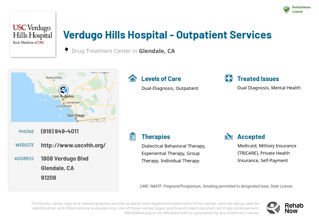 Helpful reference information for Verdugo Hills Hospital - Outpatient Services, a drug treatment center in California located at: 1808 Verdugo Blvd, Glendale, CA 91208, including phone numbers, official website, and more. Listed briefly is an overview of Levels of Care, Therapies Offered, Issues Treated, and accepted forms of Payment Methods.
