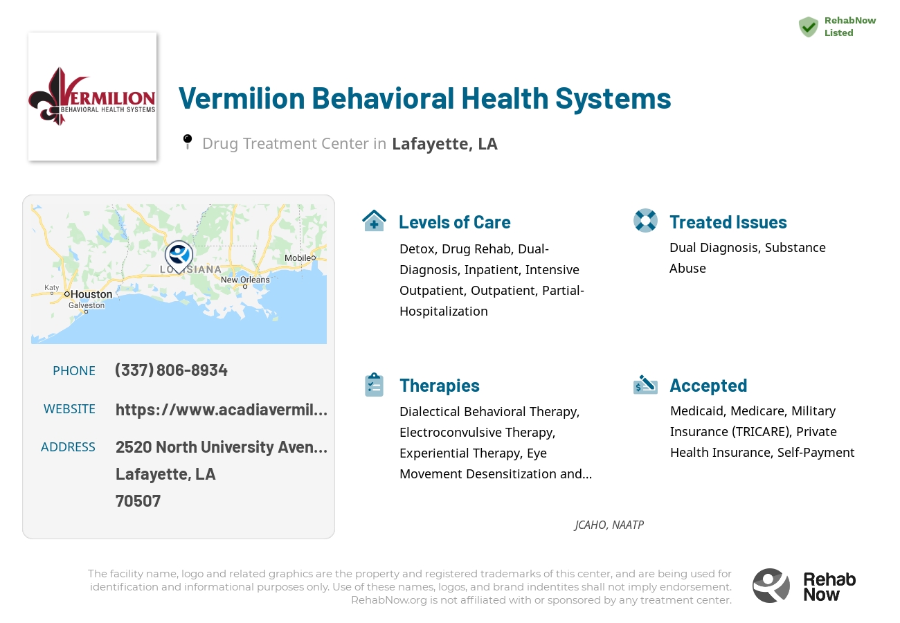 Helpful reference information for Vermilion Behavioral Health Systems, a drug treatment center in Louisiana located at: 2520 North University Avenue, Lafayette, LA, 70507, including phone numbers, official website, and more. Listed briefly is an overview of Levels of Care, Therapies Offered, Issues Treated, and accepted forms of Payment Methods.