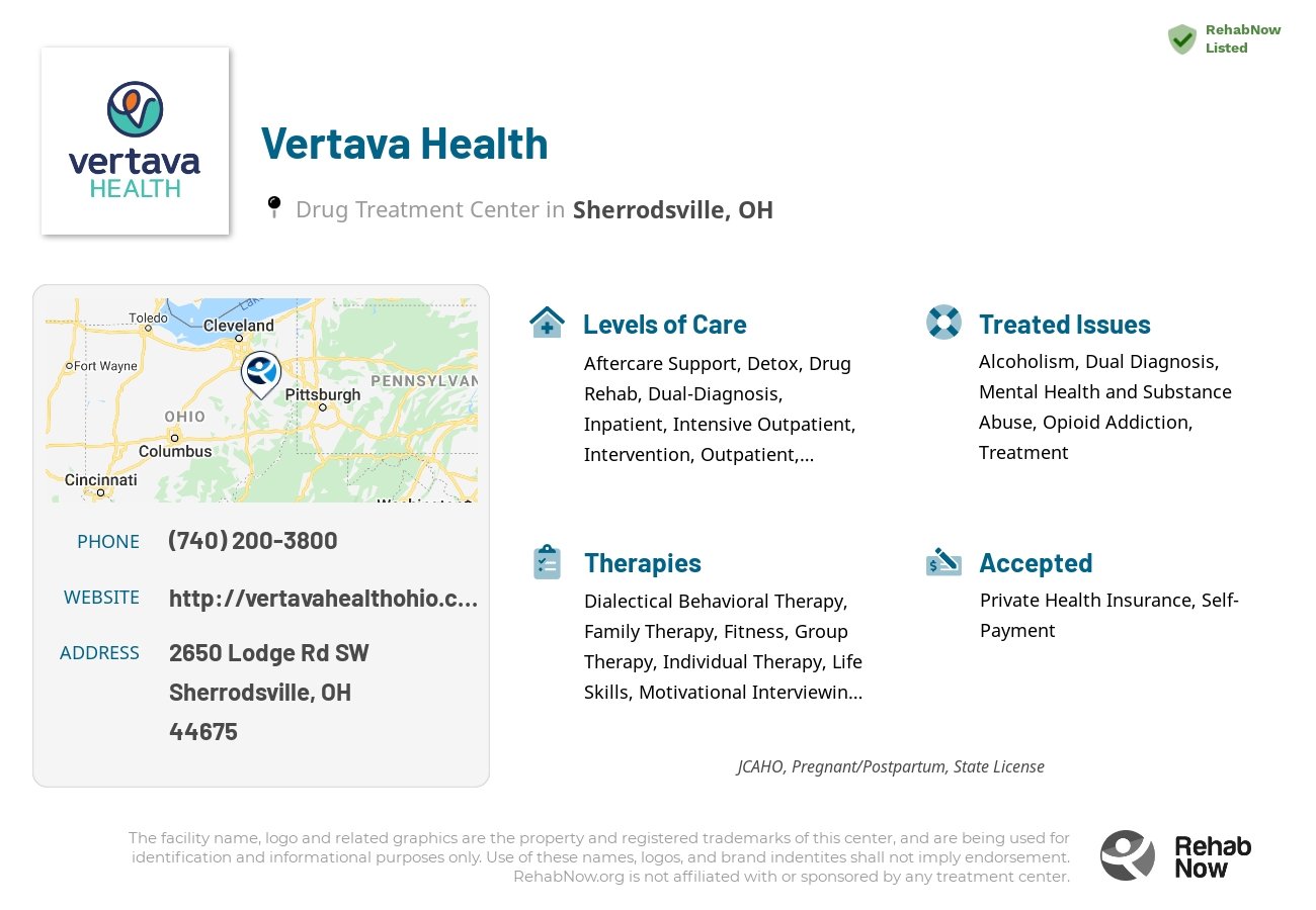 Helpful reference information for Vertava Health, a drug treatment center in Ohio located at: 2650 Lodge Rd SW, Sherrodsville, OH 44675, including phone numbers, official website, and more. Listed briefly is an overview of Levels of Care, Therapies Offered, Issues Treated, and accepted forms of Payment Methods.