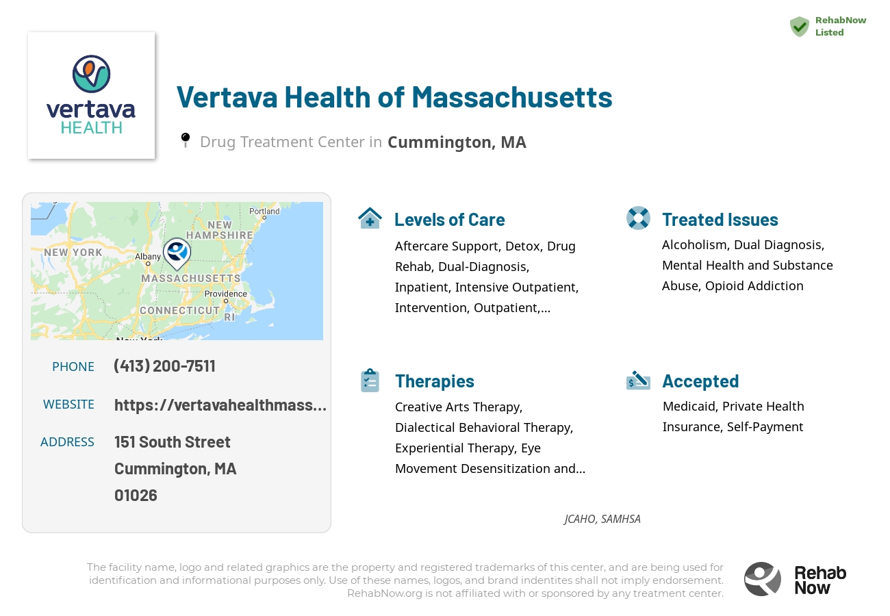 Helpful reference information for Vertava Health of Massachusetts, a drug treatment center in Massachusetts located at: 151 South Street, Cummington, MA, 01026, including phone numbers, official website, and more. Listed briefly is an overview of Levels of Care, Therapies Offered, Issues Treated, and accepted forms of Payment Methods.